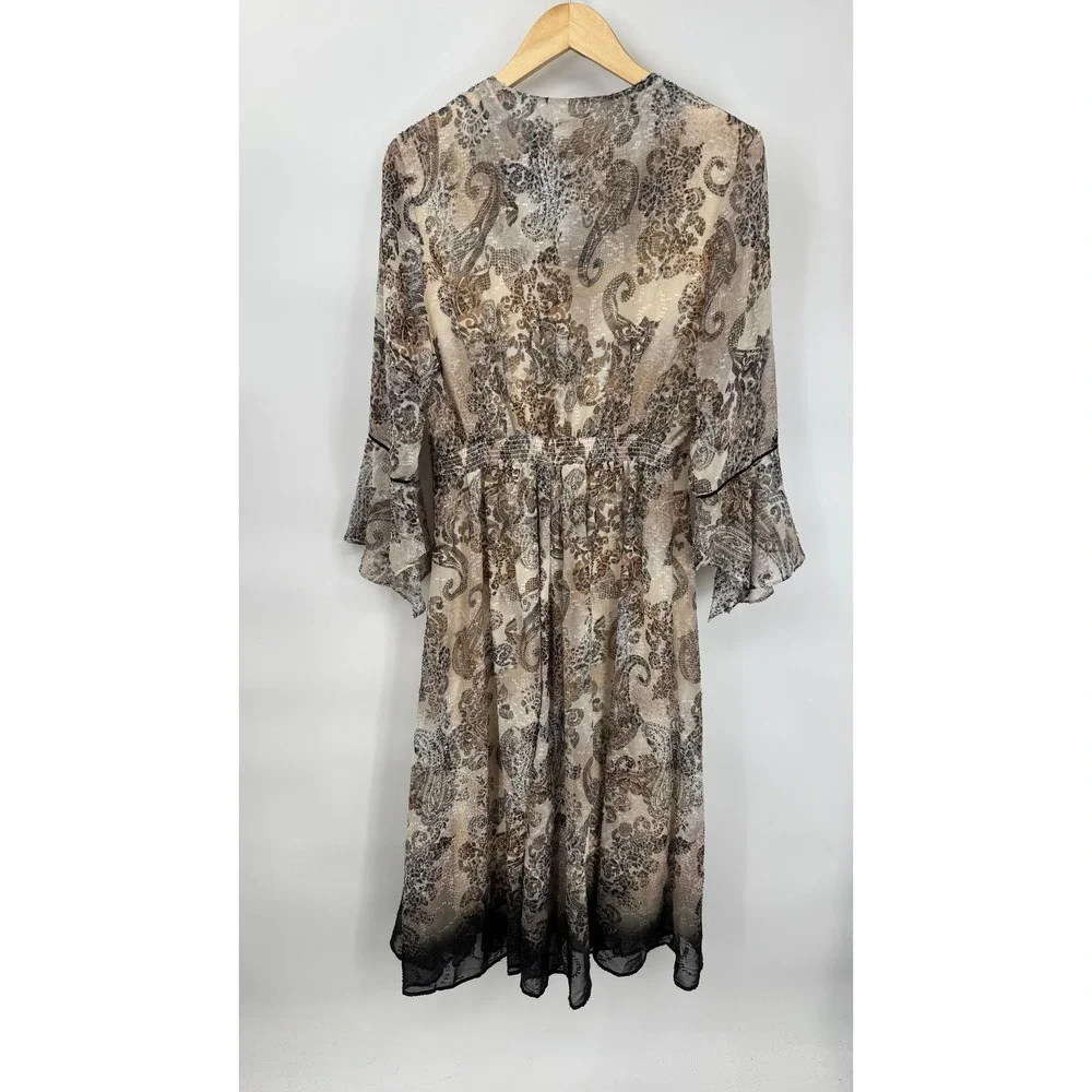 Reba Midi Dress Womens Large Paisley Print Chiffon Brown Black Bell Sleeve Boho